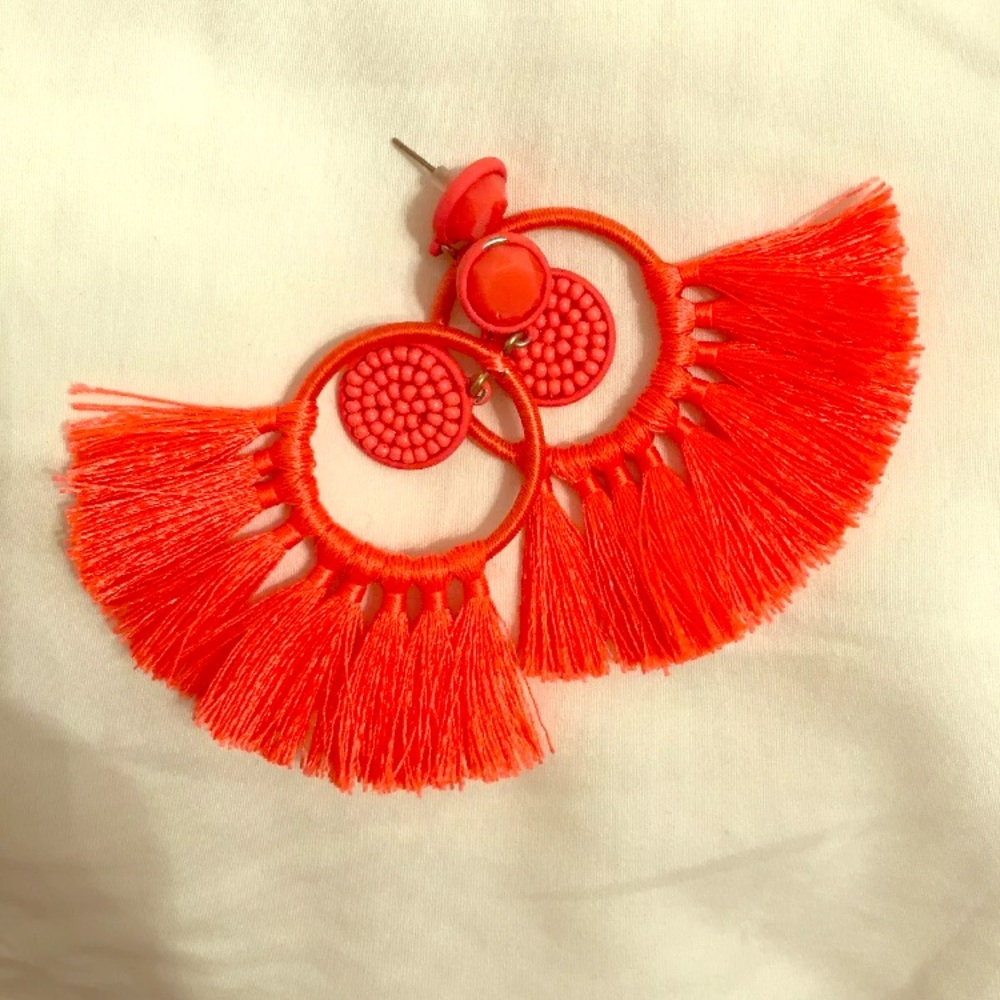J. Crew Neon Papaya Beaded Tassel Earrings NWD